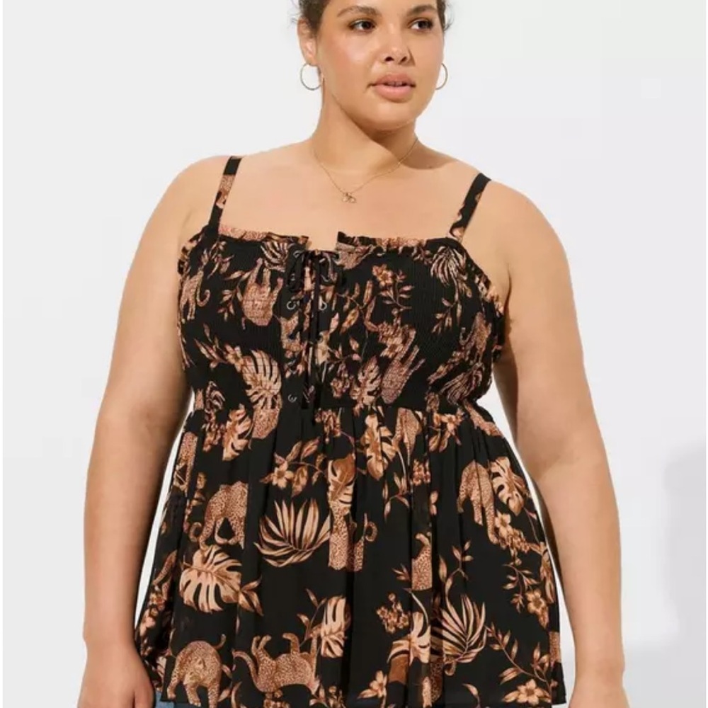 Torrid Babydoll Chiffon Smoked Cami Roaming Leopards Deep Black NWT Size 4/4X